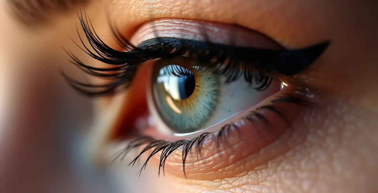 Querschnitt-Diagramm einer Wasserlinie mit Kajal-Auftrag, das das Gestaltprinzip der Geschlossenheit und die optische Illusion der Volumenverdichtung zeigt