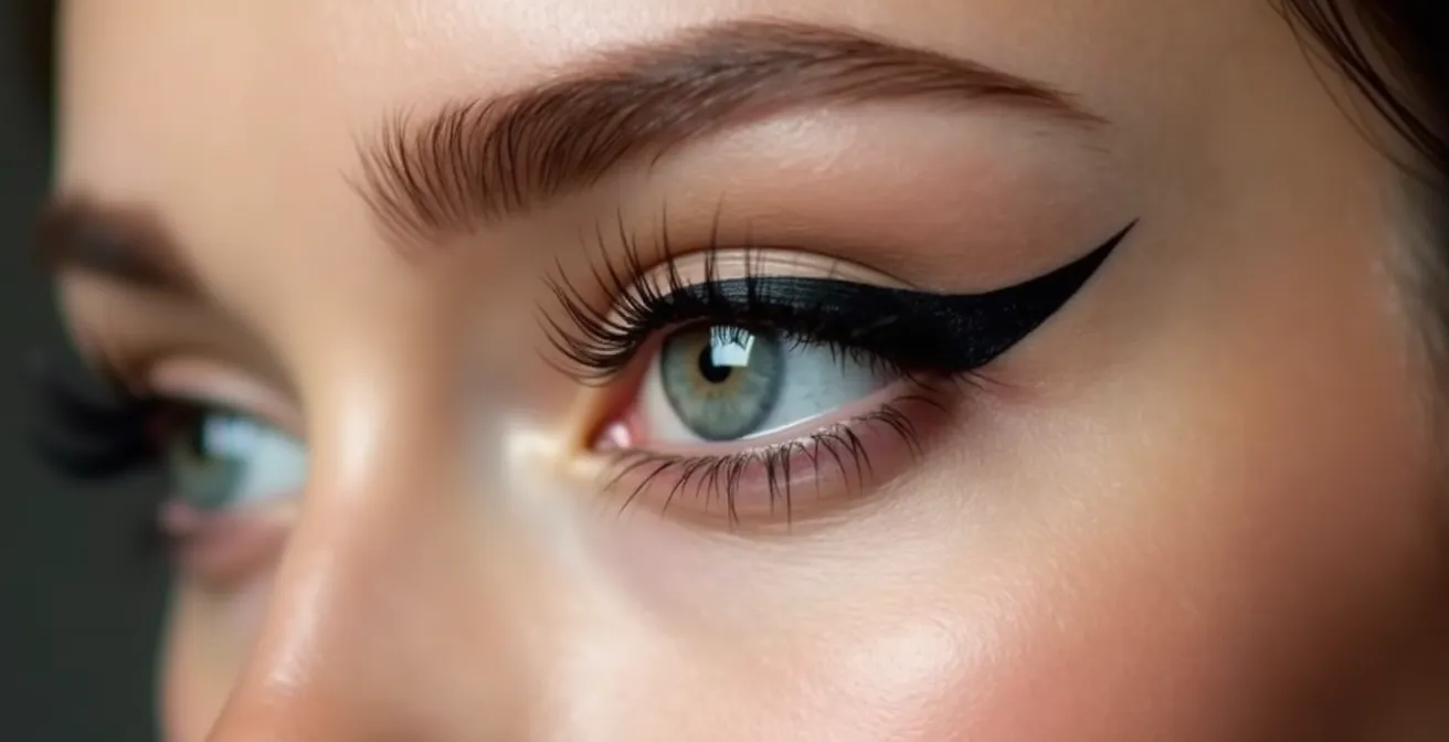 Detaillierte Frontalaufnahme eines Auges mit präzisem Kajal-Strich auf der oberen Wasserlinie und sichtbarem Wimpernkranz.