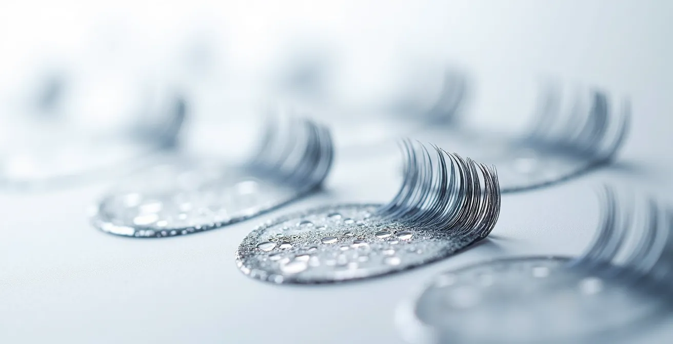 Mikroskopische Darstellung von Wimpern, die von den Polymer-Röhrchen einer Tubing-Mascara umhüllt sind, als wissenschaftliche Visualisierung.