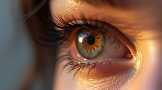 Nahaufnahme einer Frau mit voluminösen Wimpern und glänzendem Haar, wobei die optischen Effekte von Licht und Struktur sichtbar werden