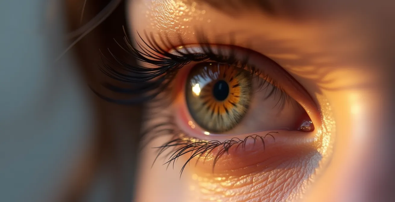 Nahaufnahme einer Frau mit voluminösen Wimpern und glänzendem Haar, wobei die optischen Effekte von Licht und Struktur sichtbar werden