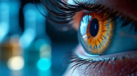 Nahaufnahme einer Wimper unter modernem Labormikroskop mit leuchtenden wissenschaftlichen Elementen und Wirkstoffen