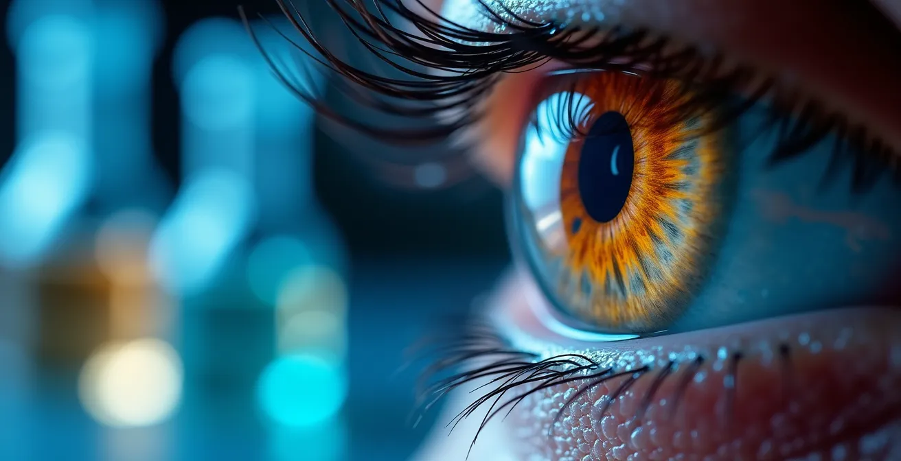 Nahaufnahme einer Wimper unter modernem Labormikroskop mit leuchtenden wissenschaftlichen Elementen und Wirkstoffen