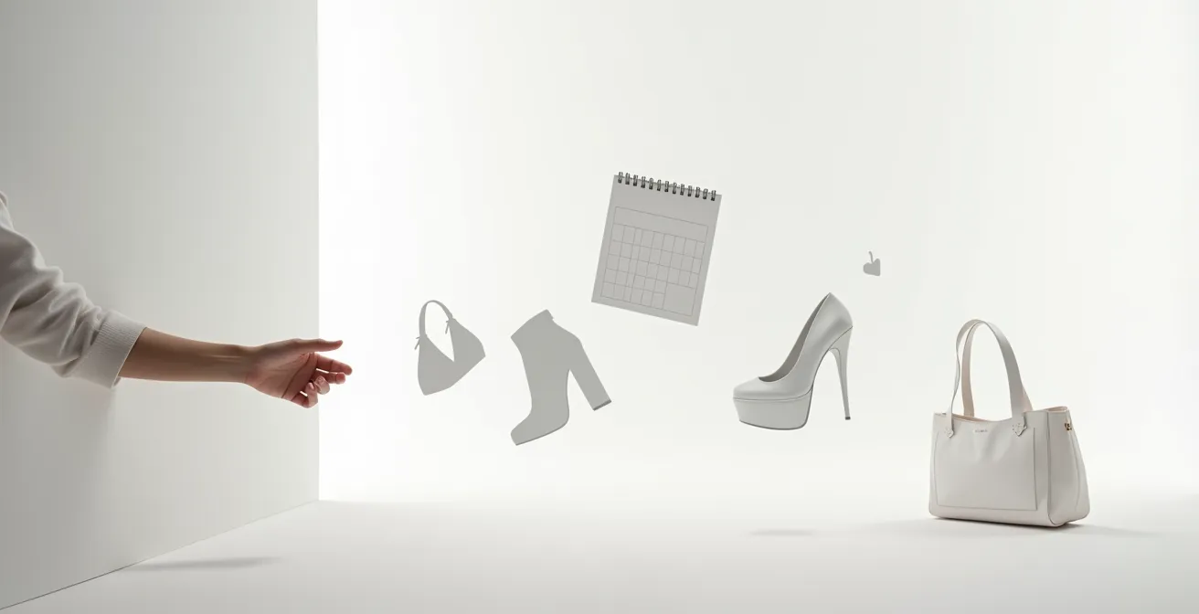 Minimalistische Darstellung eines Kalenders mit markierten Tagen und schwebenden Produktsilhouetten