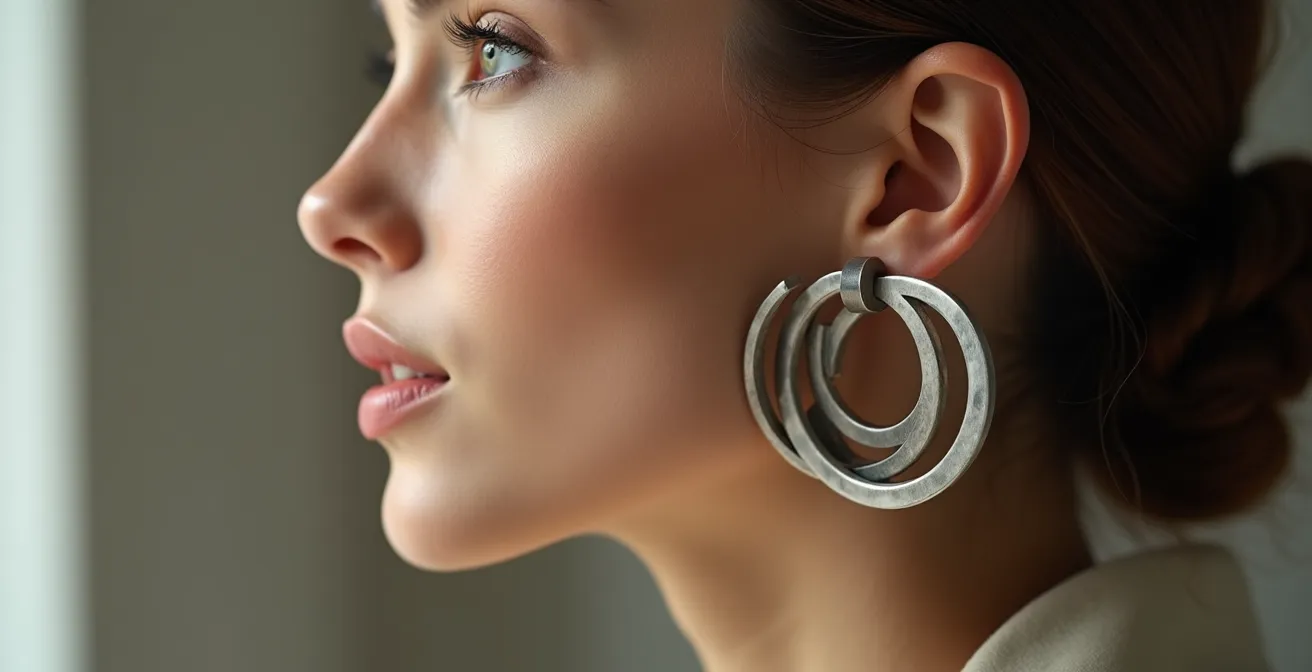Nahaufnahme eines Frauengesichts im Profil mit architektonisch gestalteten Ohrringen