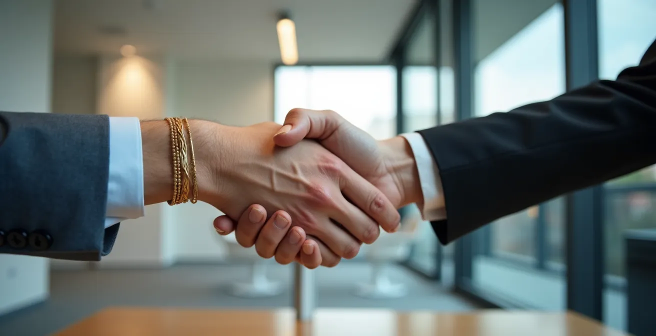 Professioneller Handschlag zweier Personen in einem modernen deutschen Büro, wobei eine Person ein dezentes, professionelles Armband trägt.