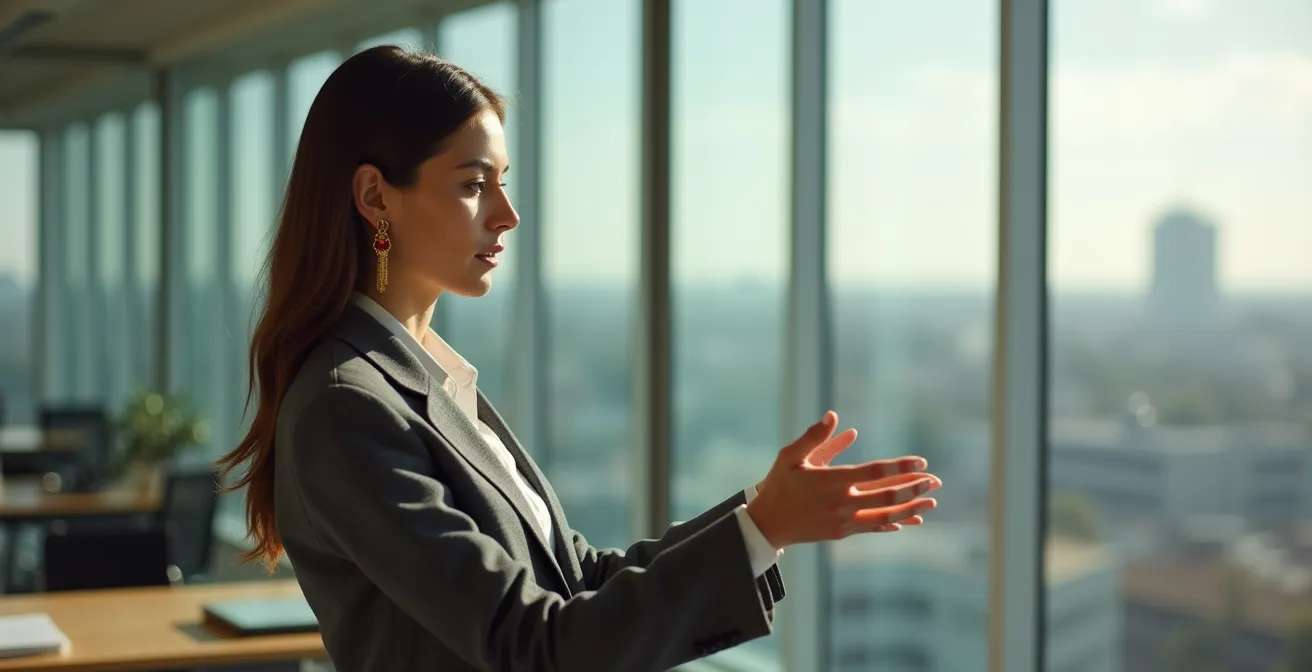 Geschäftsfrau im modernen deutschen Büro trägt elegante mittelgroße Goldcreolen