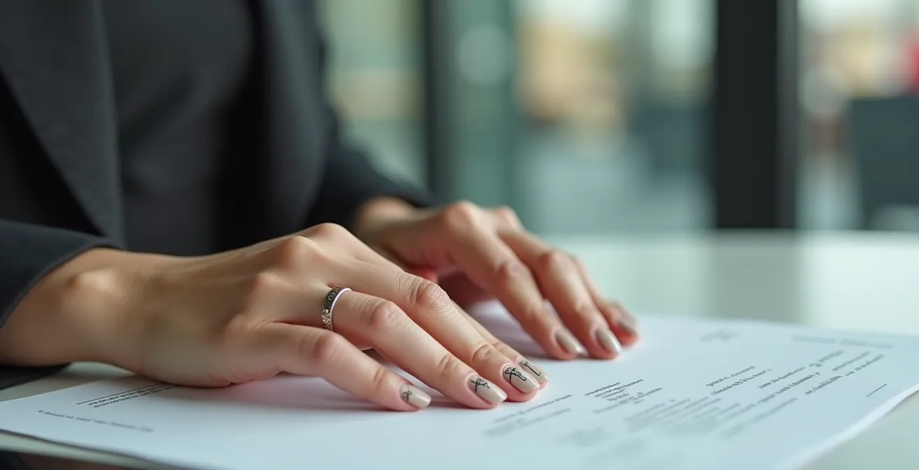 Gepflegte Hände mit minimalistischen geometrischen Nageldesigns in einem modernen Büroumfeld