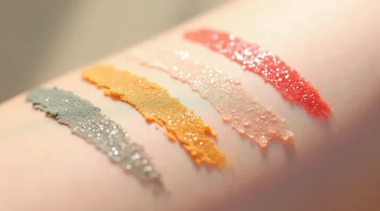 Nahaufnahme einer perfekt korrigierten Augenpartie mit mehrfarbigen Concealer-Texturen, die die Farbkomplementäre demonstrieren, vor einem diffusen, kühlen Licht-Hintergrund