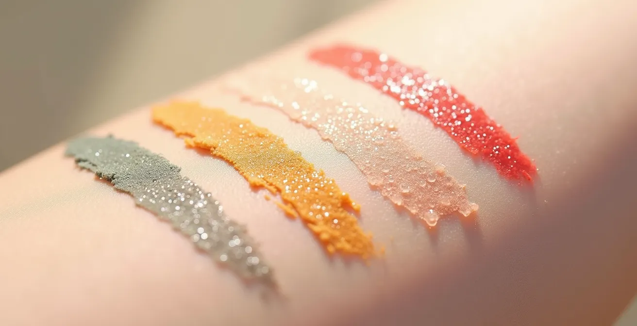 Nahaufnahme einer perfekt korrigierten Augenpartie mit mehrfarbigen Concealer-Texturen, die die Farbkomplementäre demonstrieren, vor einem diffusen, kühlen Licht-Hintergrund