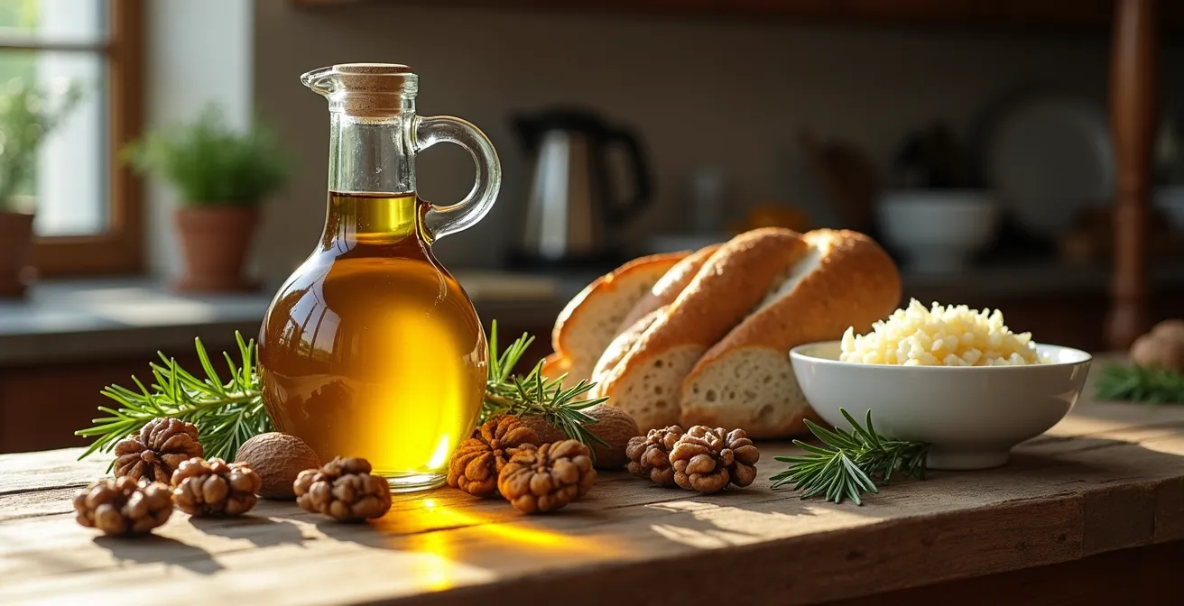 Stilleben mit deutschen Superfoods für gesunde Kopfhaut - Walnüsse, Leinöl, Sauerkraut