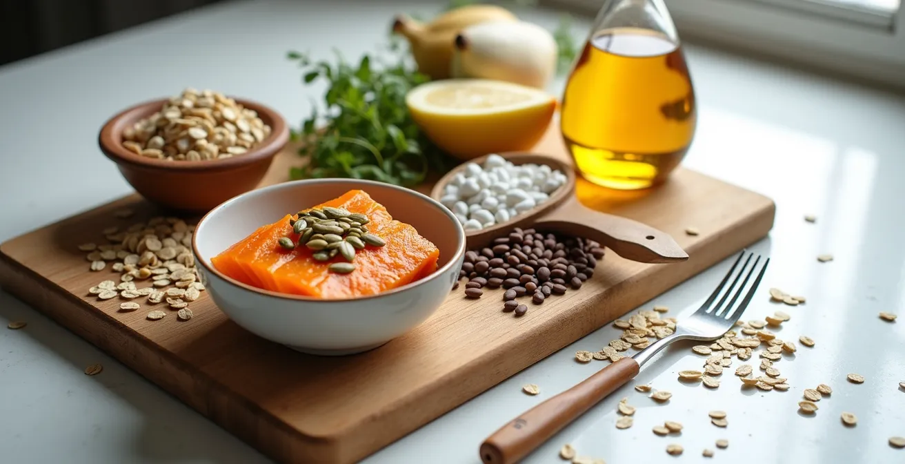 Arrangement deutscher Superfoods für gesundes Haar auf Holzbrett