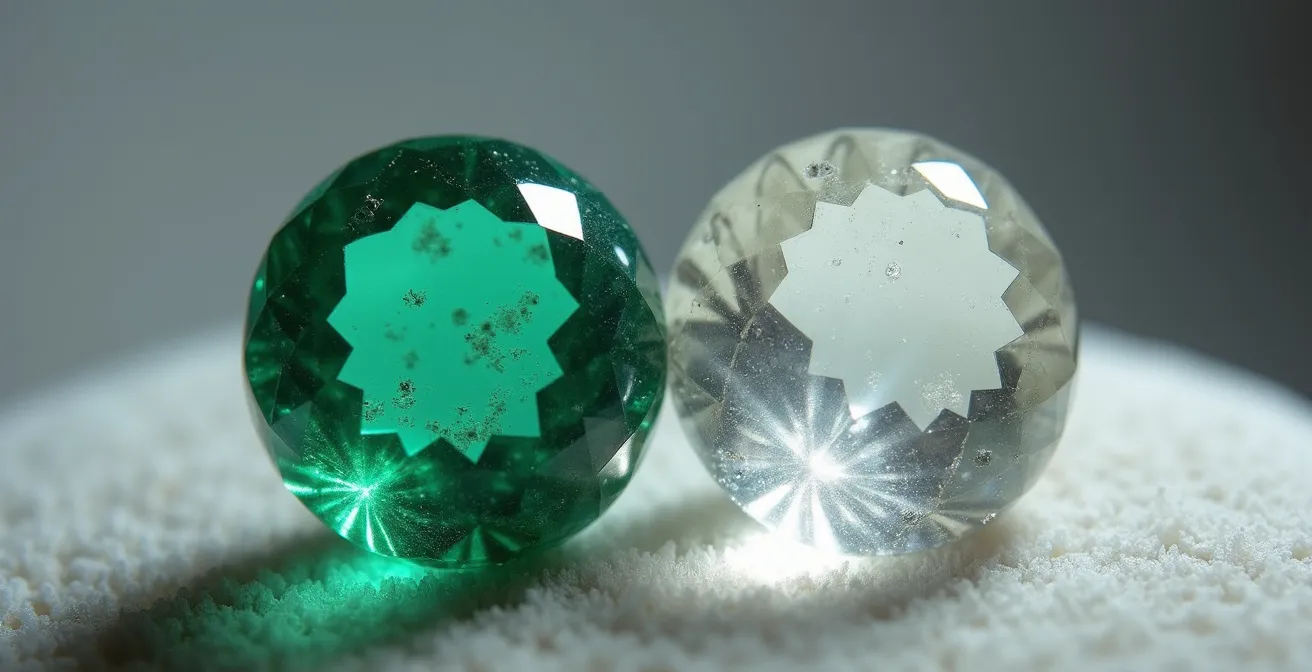 Vergrößerte Ansicht verschiedener Edelsteine unter der Lupe mit sichtbaren Einschlüssen