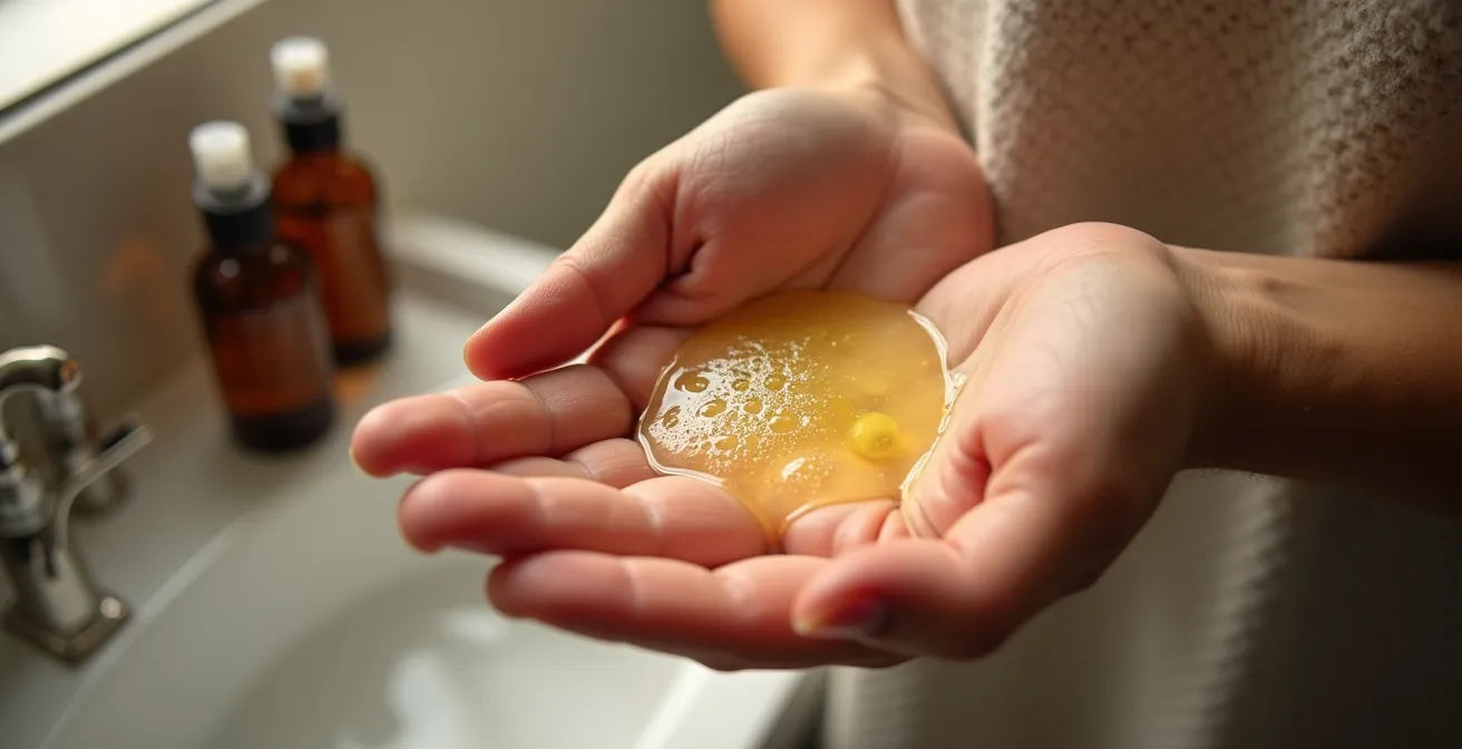 Händepaar emulgiert Haaröl mit Hydrolat-Spray in natürlichem Licht