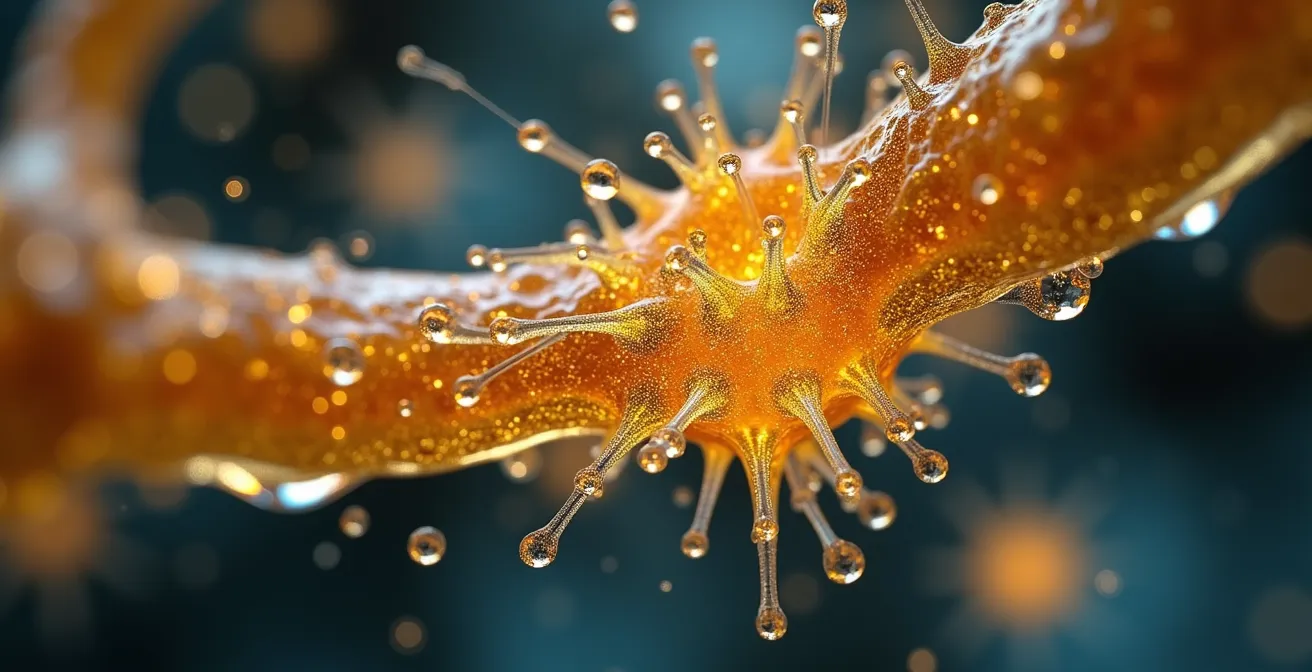 Makroaufnahme von Synapsen mit goldenen Lichtimpulsen als Darstellung der Endocannabinoid-Ausschüttung