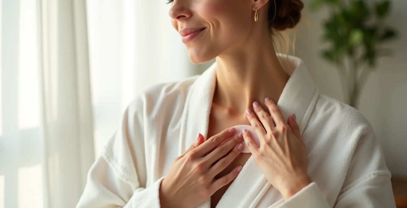 Frau bei entspannender Dekolleté-Massage mit Gua Sha Stein