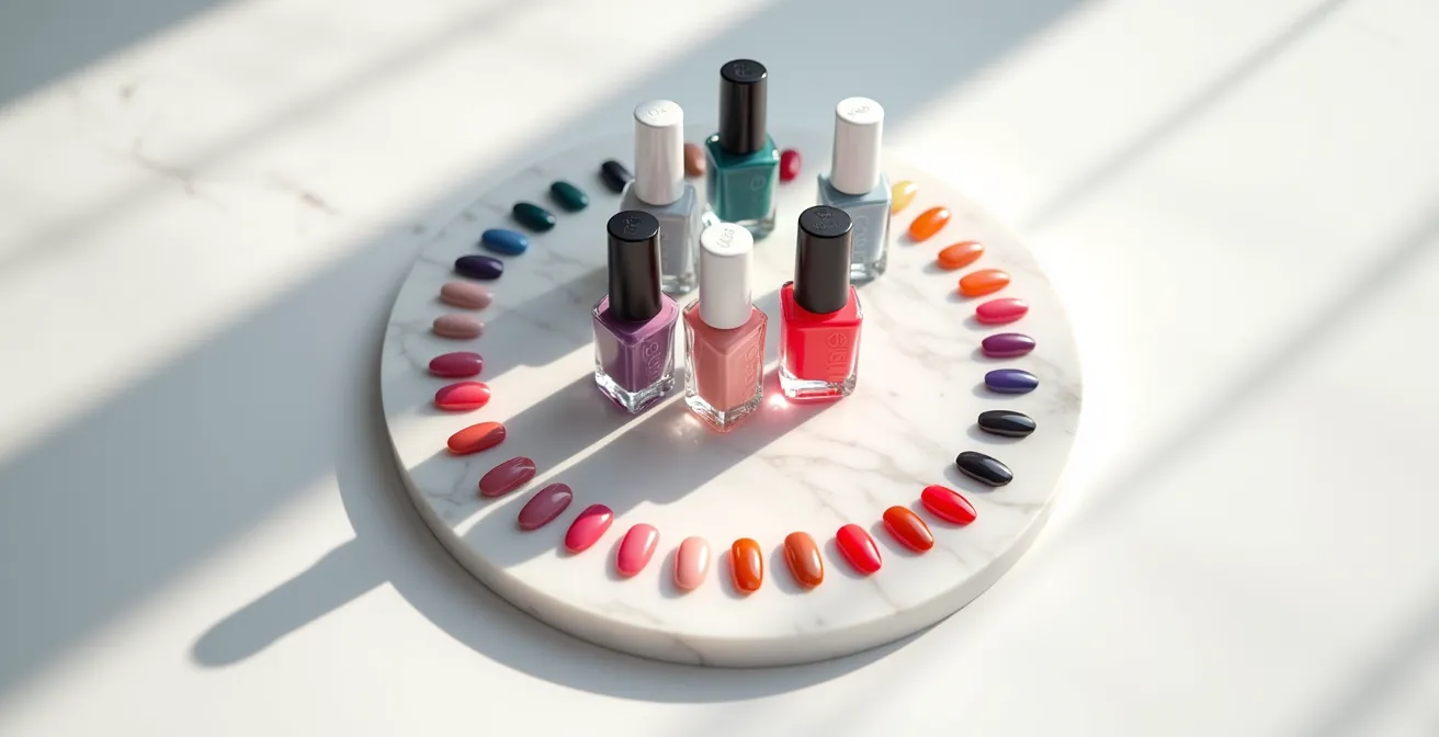 Verschiedene Nagellackfarben in harmonischen Farbkombinationen arrangiert mit Farbrad-Inspiration