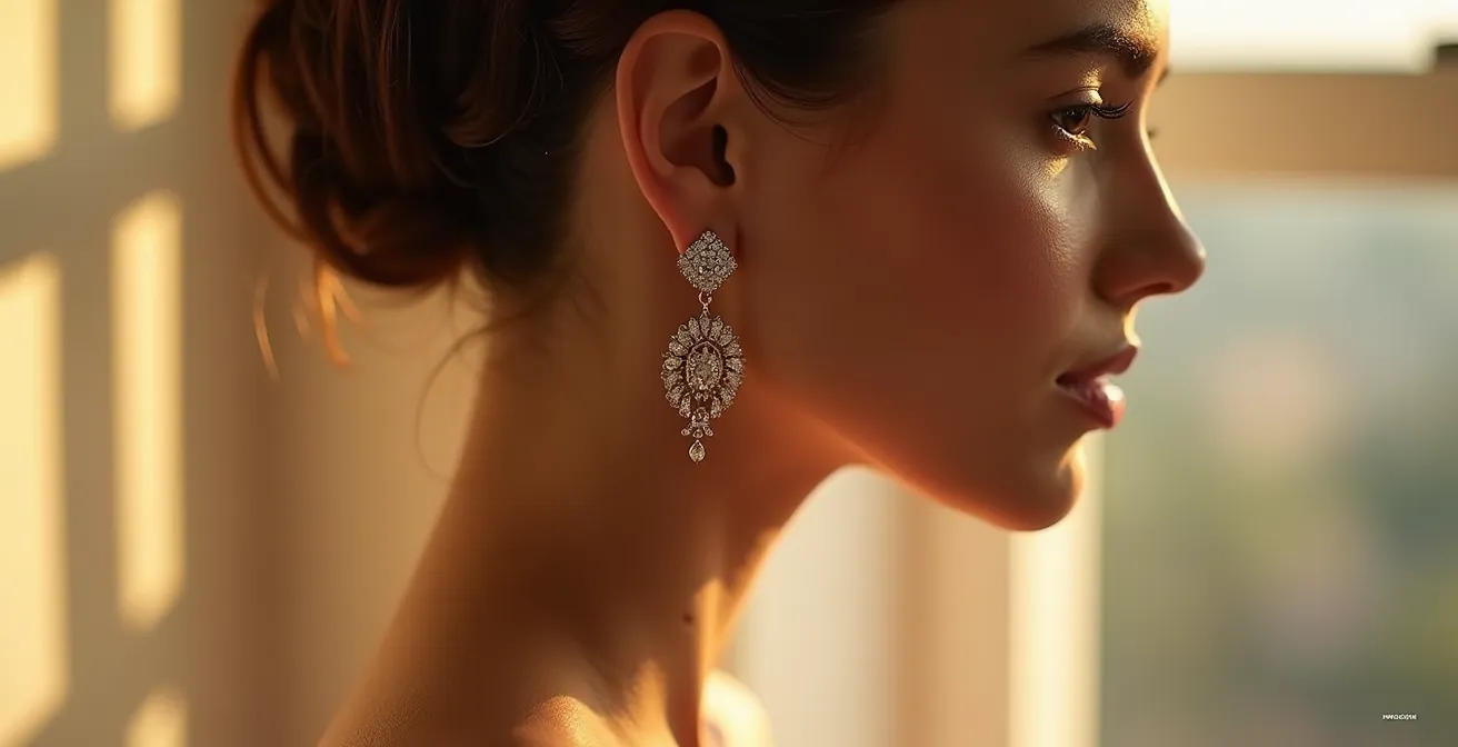 Elegante Frau im Profil mit hochgesteckten Haaren und funkelnden Ohrsteckern