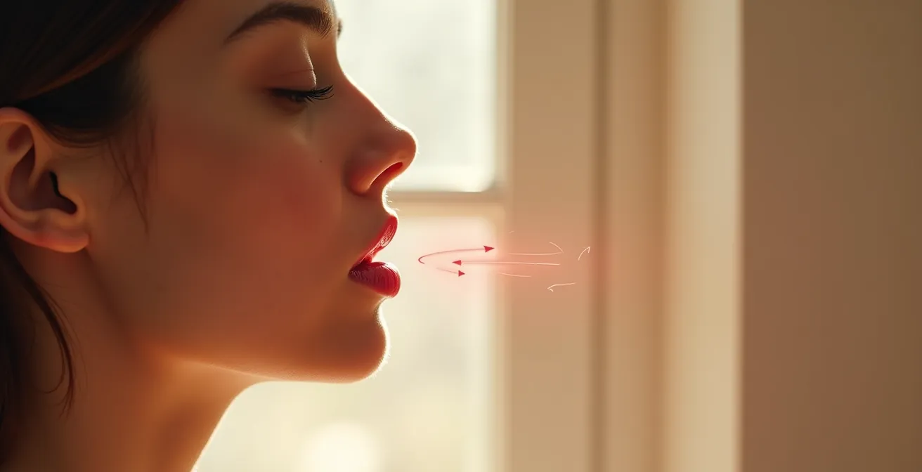 Seitenprofil einer Frau bei einer Gesichtsyoga-Übung, das die Aktivierung der Mundmuskulatur zeigt.