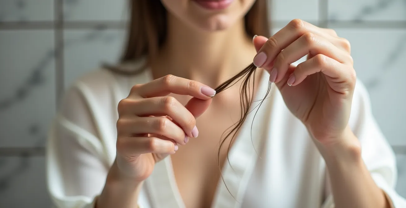 Nahaufnahme einer Hand die einen Haarstrang für den Dehnungstest hält