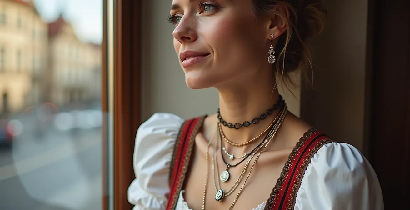 Verschiedene Halskettenlängen und ihre Wirkung auf Dekolleté und Körperproportionen an einer Frau im modernen Dirndl-Stil vor Münchner Architektur.