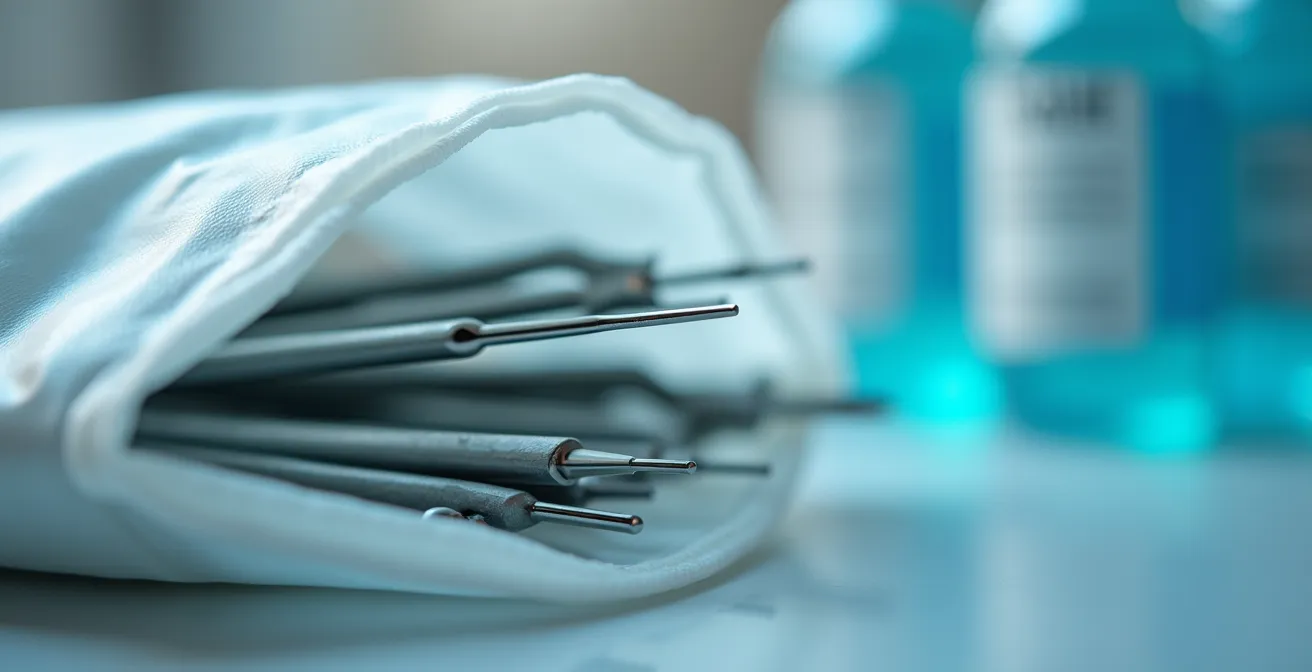 Nahaufnahme einer Hygienekontrolle mit Desinfektionsmitteln und sterilen Instrumenten