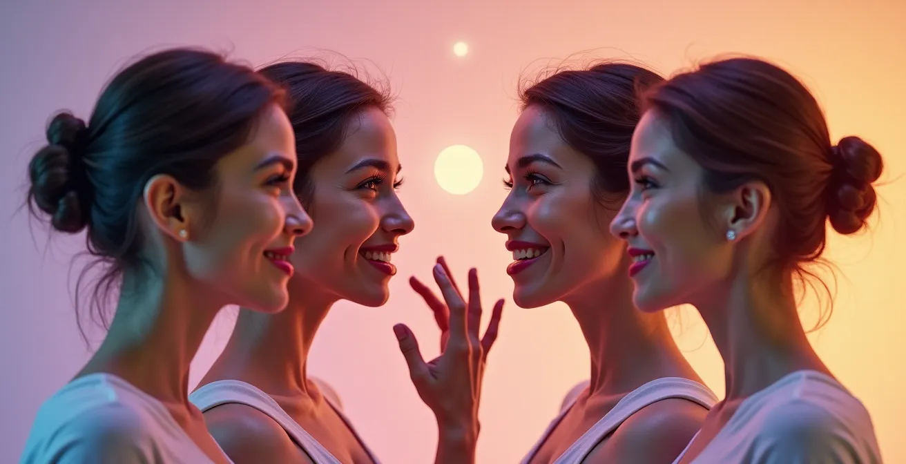 Frau betrachtet ihr Spiegelbild in einem fragmentierten Spiegel mit verschiedenen Selbstbildern