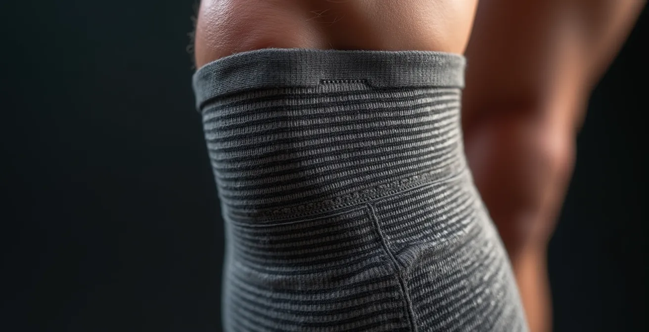 Makroaufnahme von Kompressionsstrümpfen am Wadenmuskel eines Sportlers