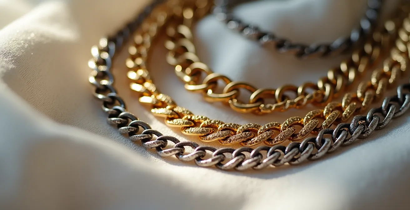 Detailaufnahme von kunstvoll geschichteten Halsketten, die verschiedene Texturen und Materialien wie Gold und Silber kombinieren.