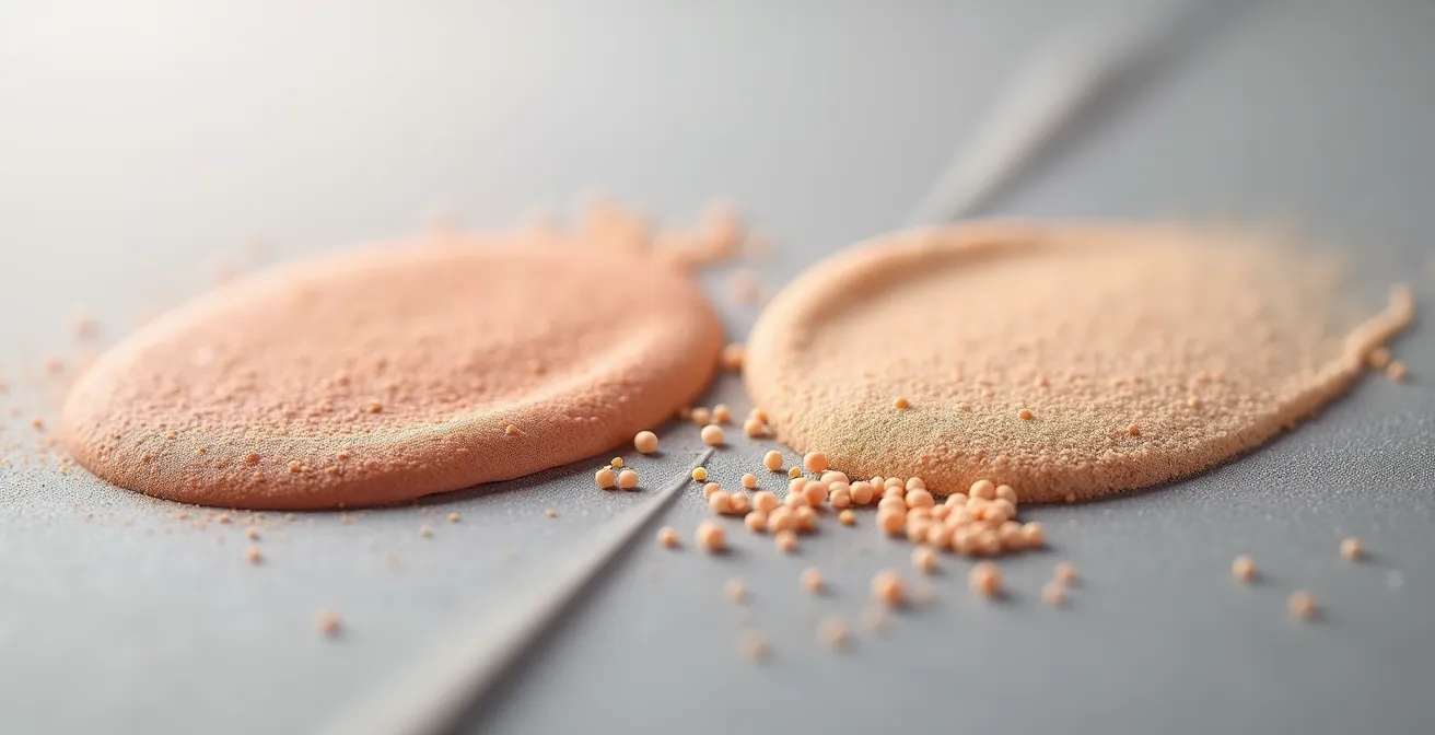 Detaillierte Makrofotografie zweier unterschiedlicher Concealer-Texturen nebeneinander: eine matte, opake Oberfläche für Farbabdeckung und eine mit lichtdiffundierenden Partikeln, die Glanz und Aufhellung erzeugt