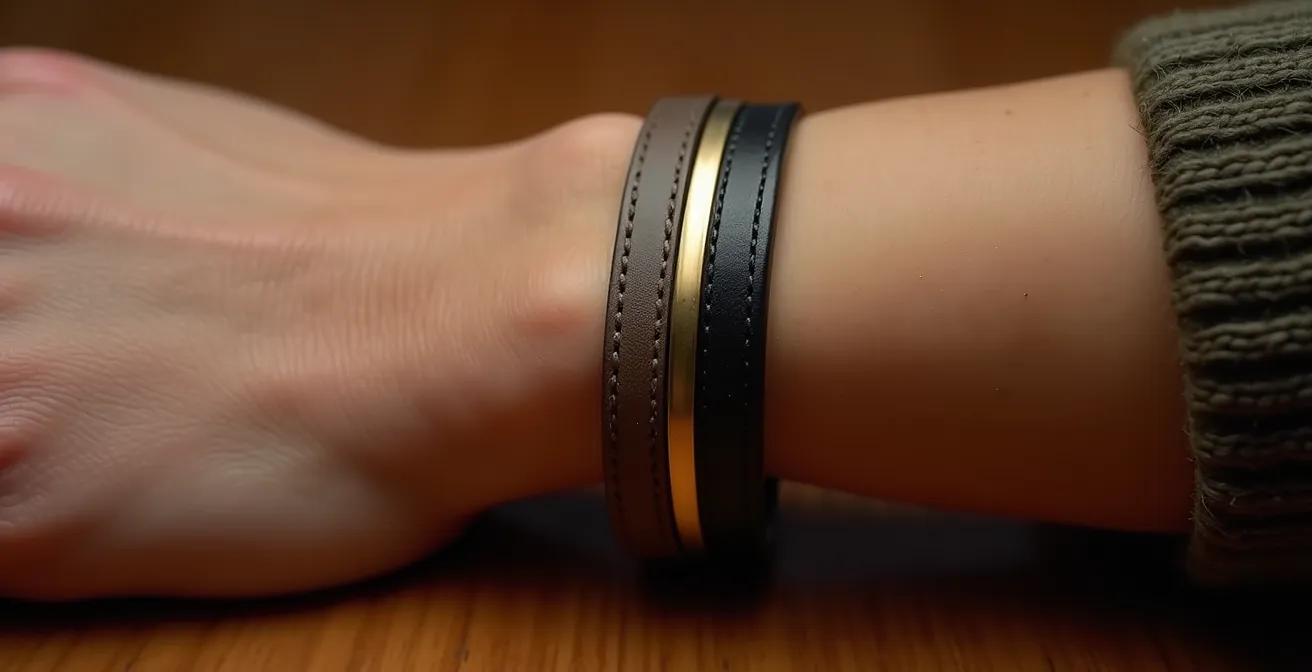 Makroaufnahme verschiedener Armbandtexturen am Handgelenk einer Frau in Deutschland, die den Kontrast zwischen starrem Reif und flexibler Kette zeigt.