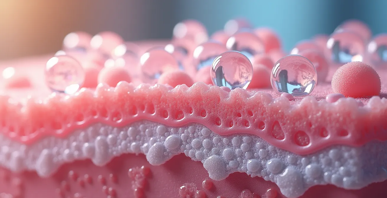 Mikroskopische Querschnittansicht einer Lippenzelle mit Mineralölfilm als undurchsichtige Schicht, die die natürliche Funktion blockiert.