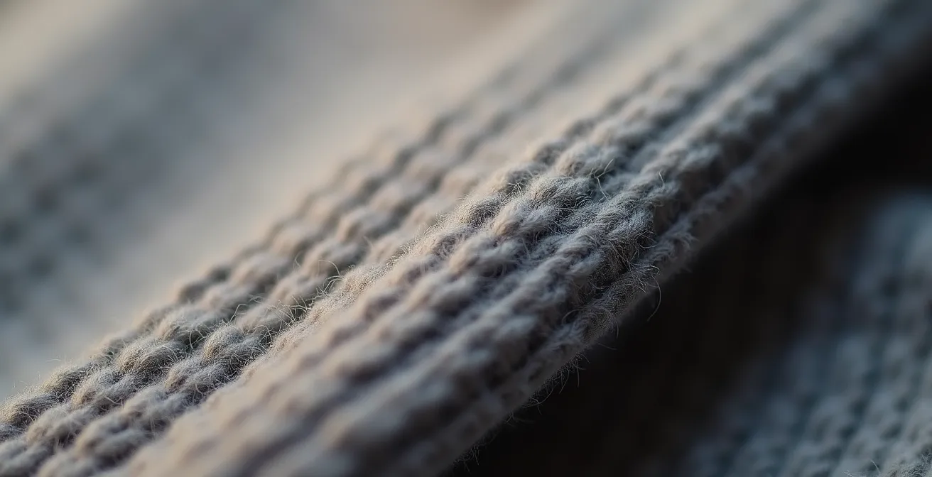 Makroaufnahme hochwertiger Kaschmirfasern und präziser Nahtführung