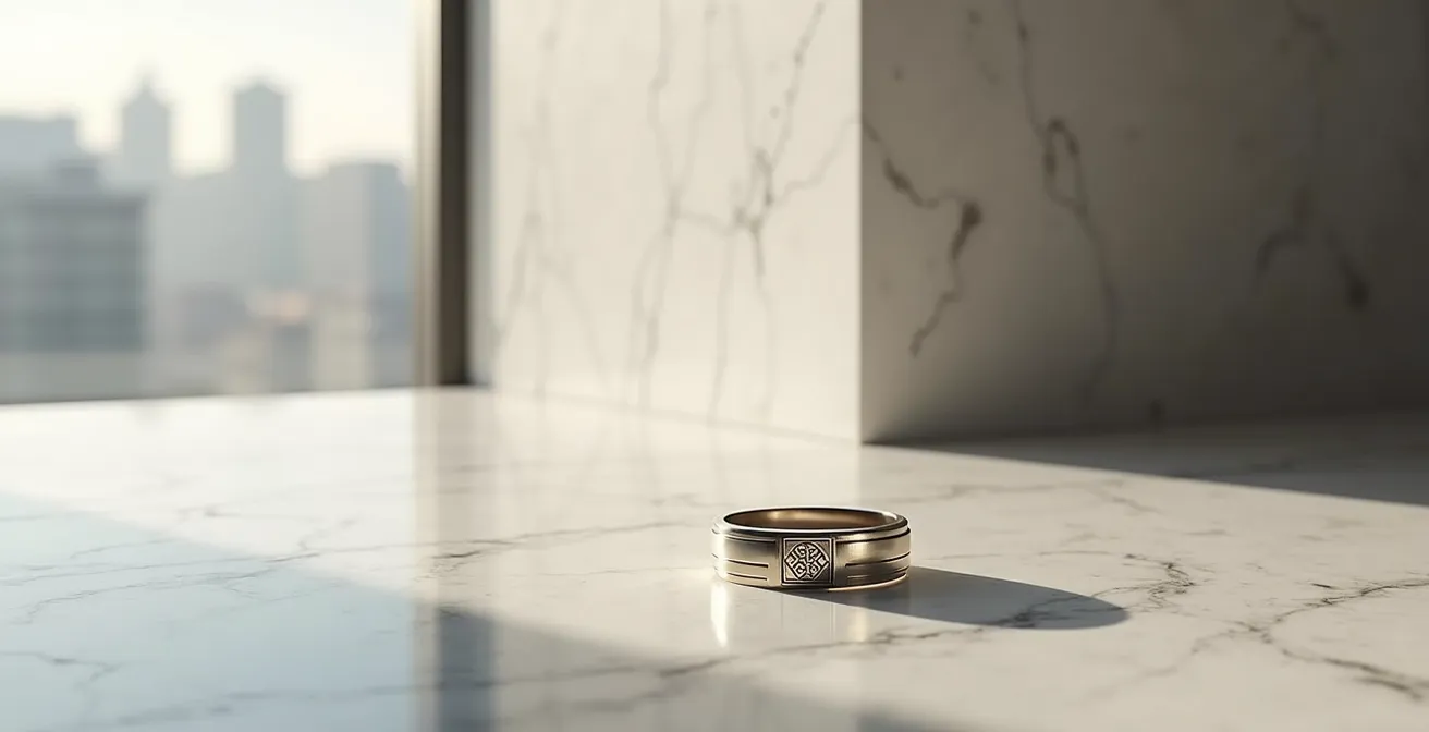 Detailaufnahme eines modernen Siegelrings mit abstraktem Design