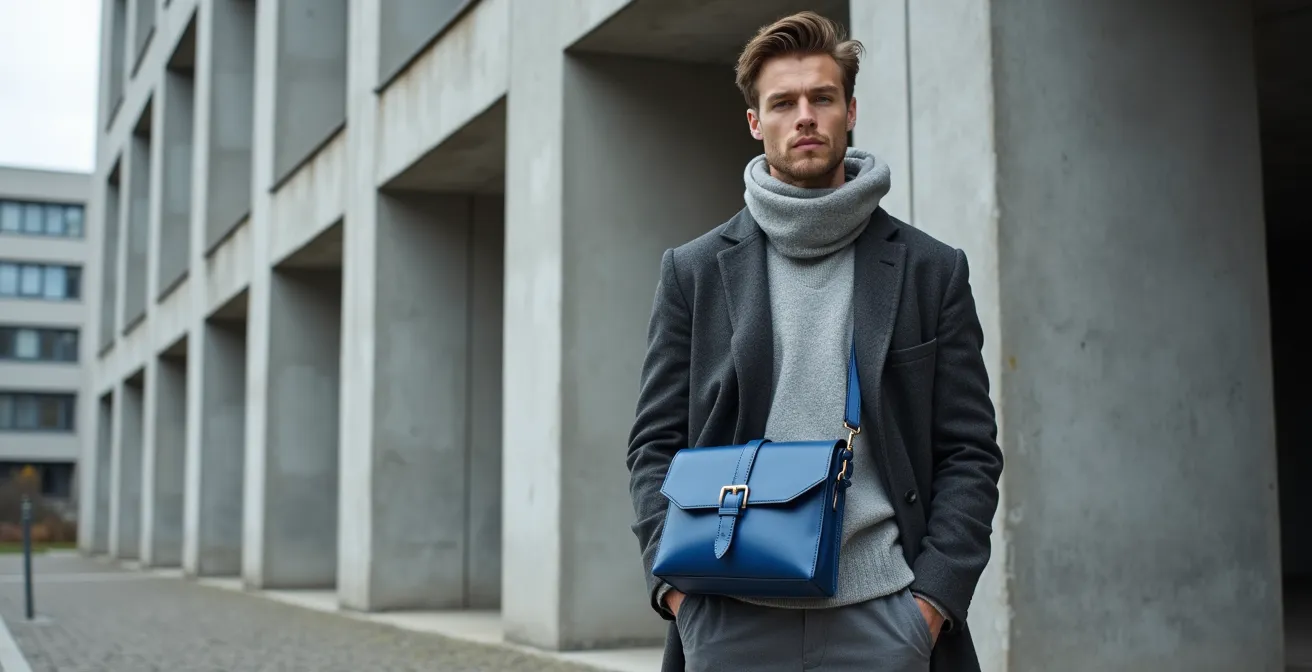 Monochromer Look mit Bauhaus-Farbakzenten in urbaner deutscher Umgebung