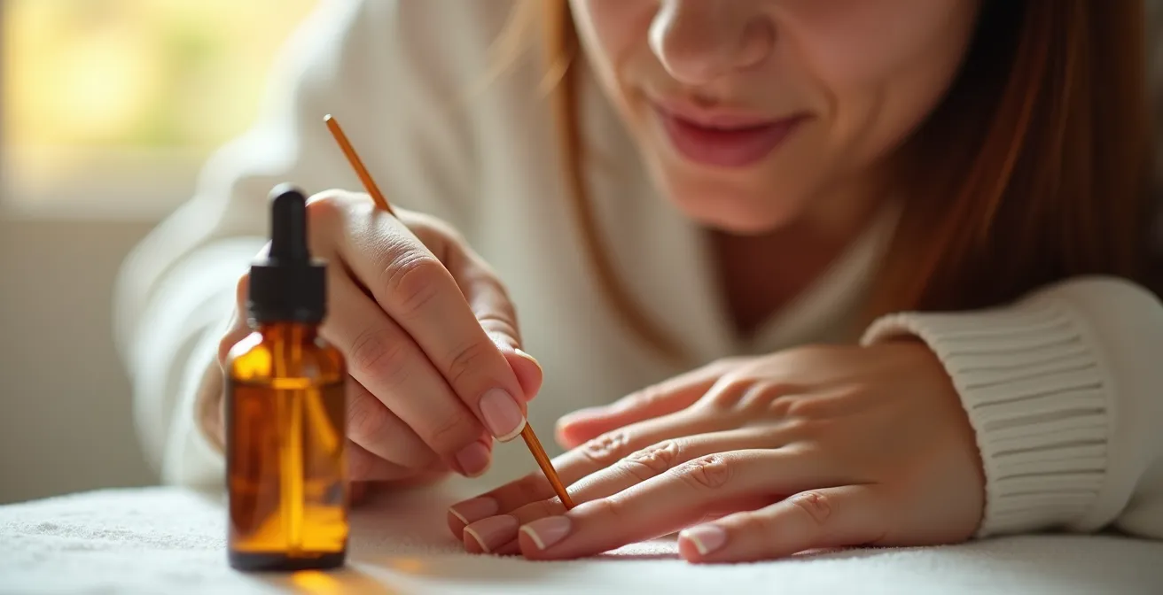 Sanfte Nagelhautbehandlung mit Holzstäbchen und pflegenden Ölen