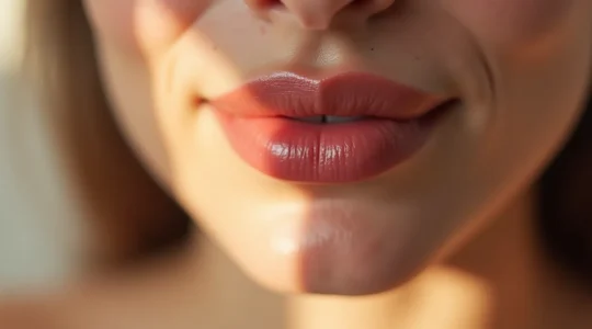 Nahaufnahme vollgesunder weiblicher Lippen mit sanftem natürlichem Glow, zeigt geschmeidge rosa Lippen mit feuchtem Glanz vor unscharfem Hintergrund.
