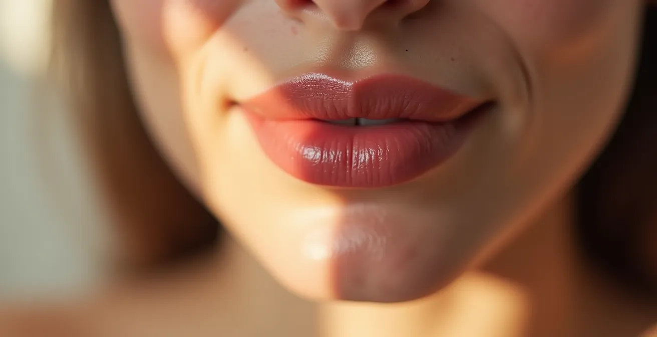 Nahaufnahme vollgesunder weiblicher Lippen mit sanftem natürlichem Glow, zeigt geschmeidge rosa Lippen mit feuchtem Glanz vor unscharfem Hintergrund.