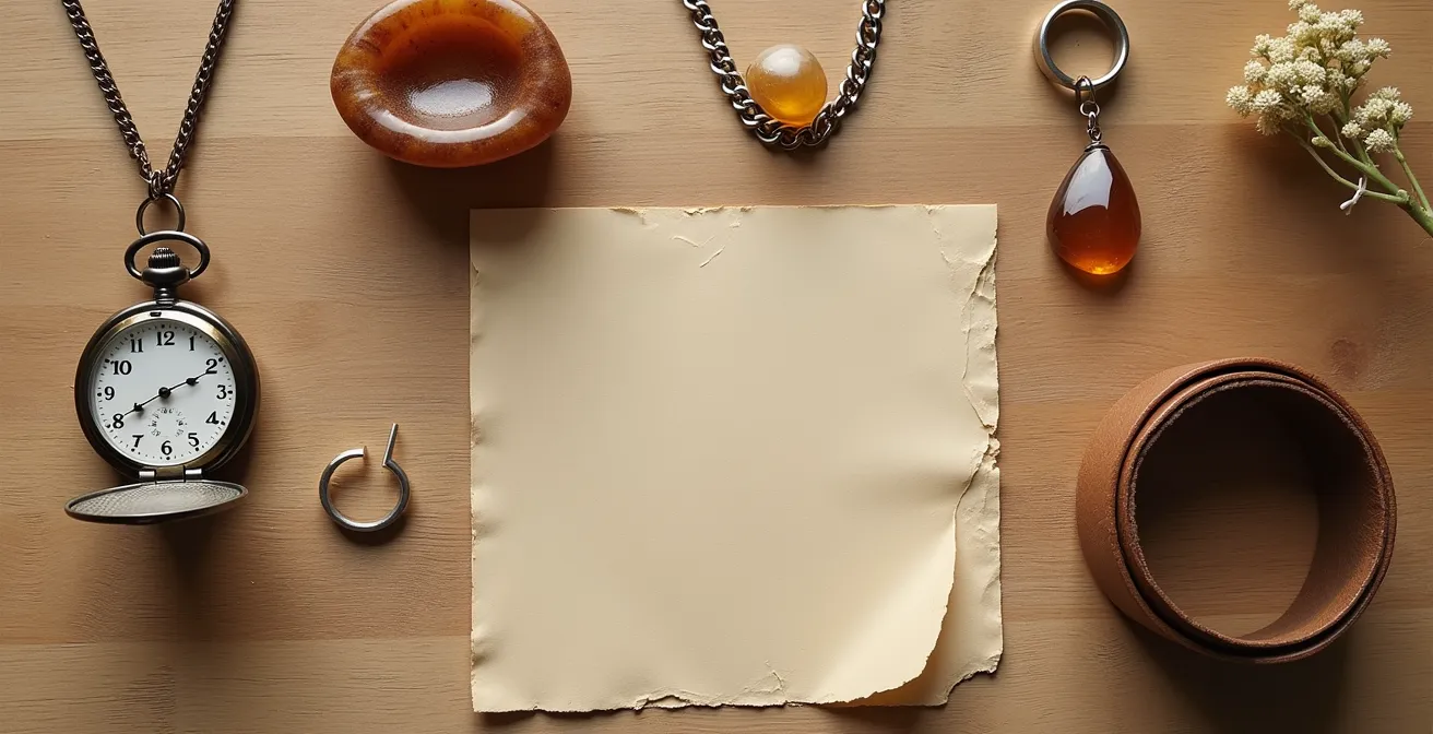 Weitwinkelaufnahme verschiedener bedeutungsvoller Accessoires auf natürlichem Untergrund arrangiert