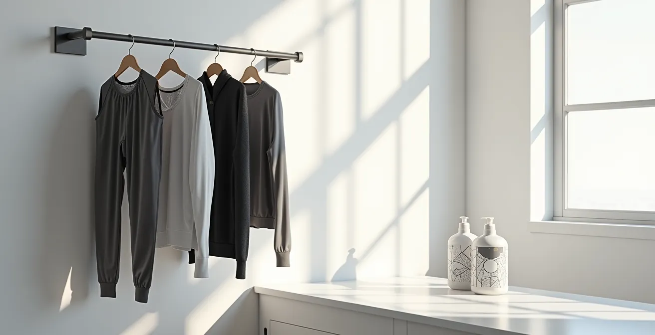 Minimalistische Darstellung der richtigen Pflege von Sportbekleidung