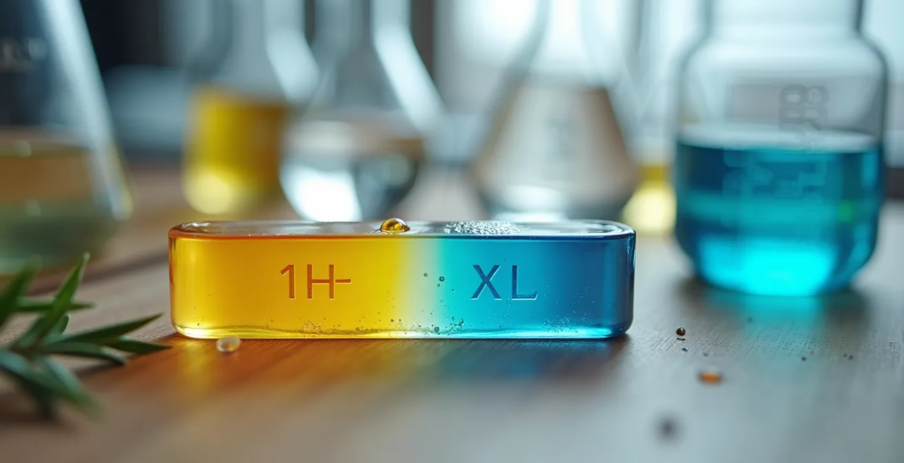 Makroaufnahme von pH-Teststreifen mit Farbskala und natürlichen Haarpflegeprodukten