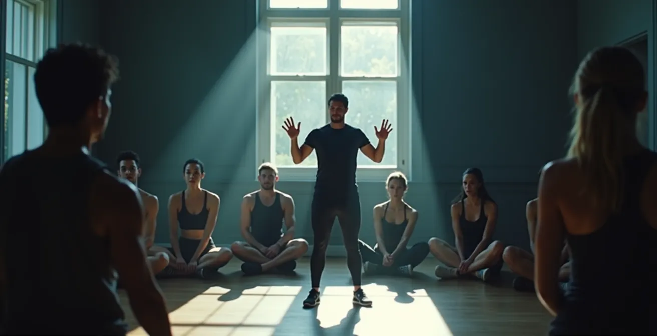 Fitnesstrainer demonstriert Übung vor aufmerksamer Gruppe