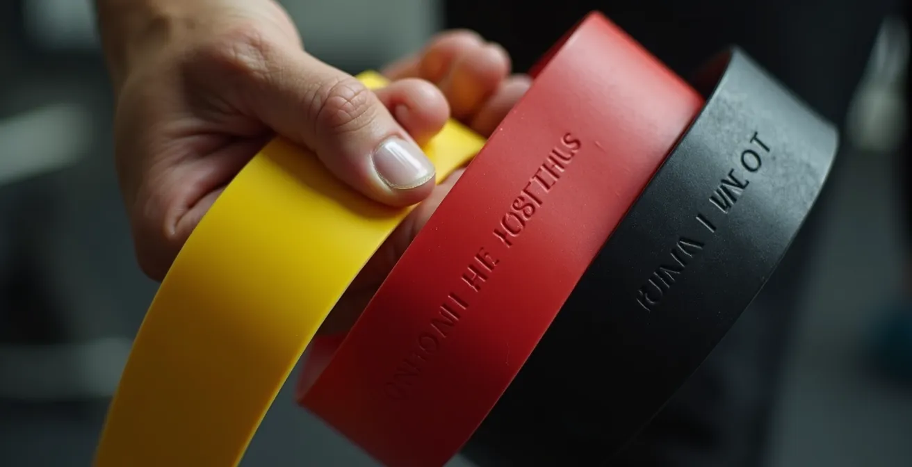 Nahaufnahme von Händen, die verschiedene Widerstandsbänder mit steigender Stärke halten