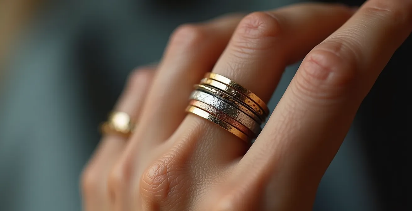 Nahaufnahme einer Hand mit mehreren gestapelten Ringen in verschiedenen Metallen