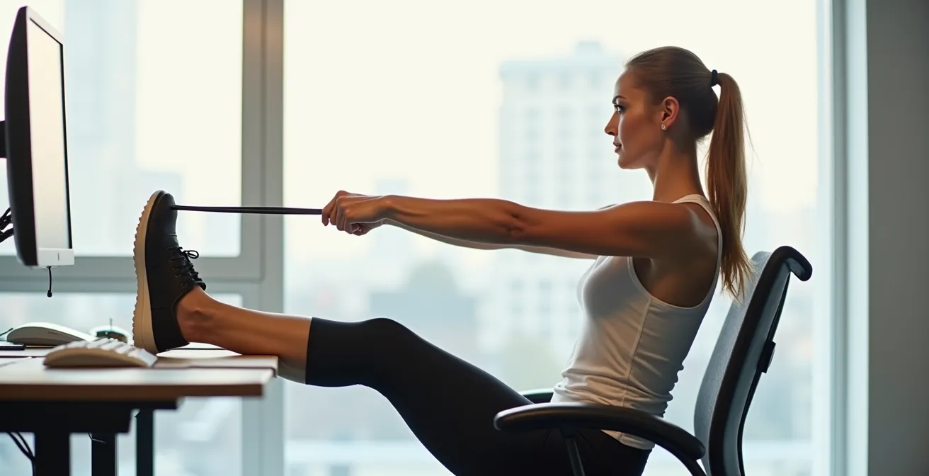 Frau demonstriert Rückenstrecker-Übung mit Theraband im Büroumfeld