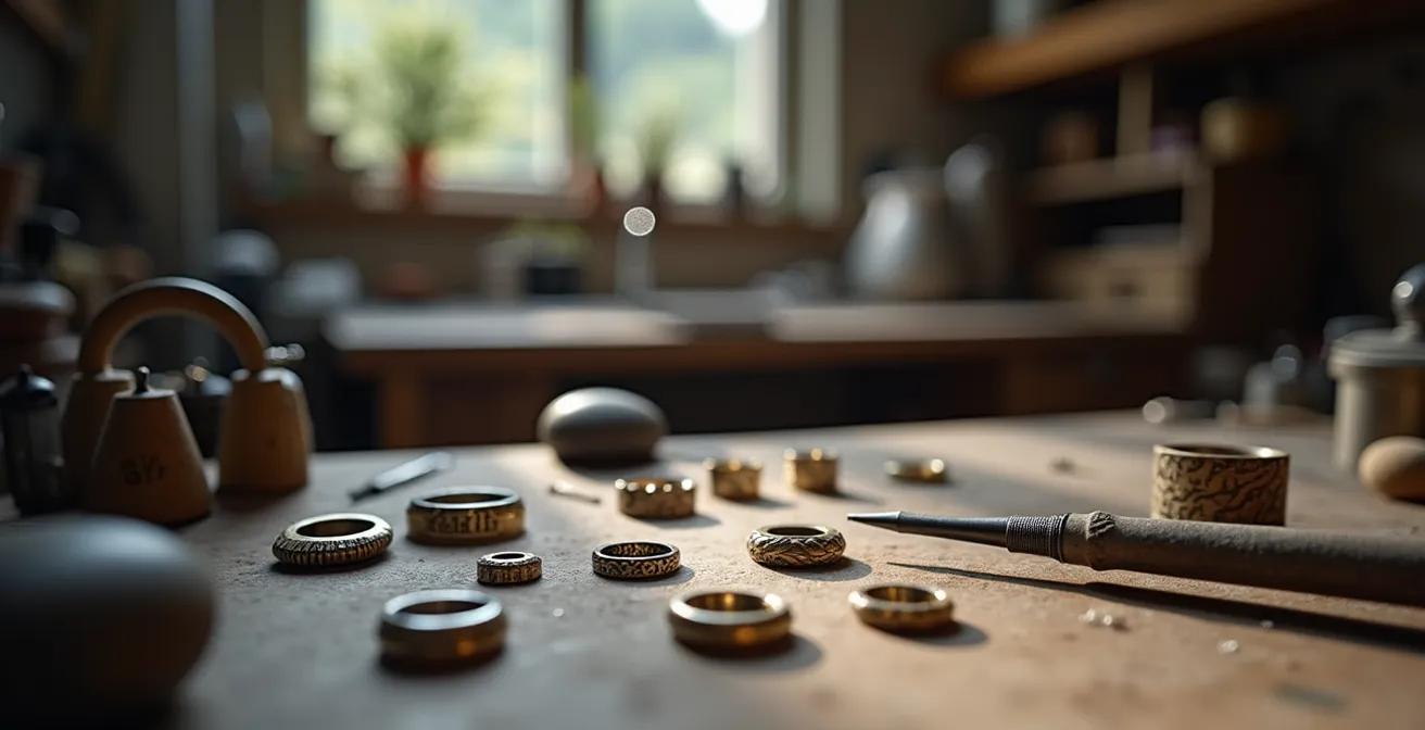 Eine Werkbank in Idar-Oberstein mit traditionellen Werkzeugen und modernen Siegelringen, die personalisierte, abstrakte Designs zeigen.