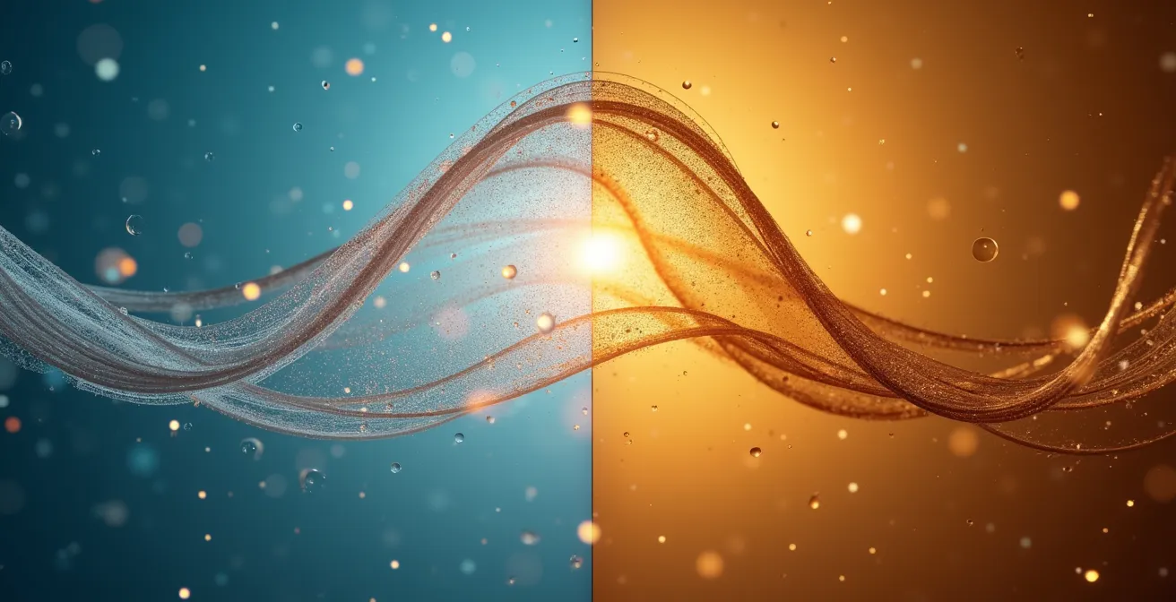 Mikroskopische Darstellung von Haarsträhnen mit Silikon- und Naturölbeschichtung, die den Unterschied zwischen künstlicher Glätte und natürlicher Textur zeigt.