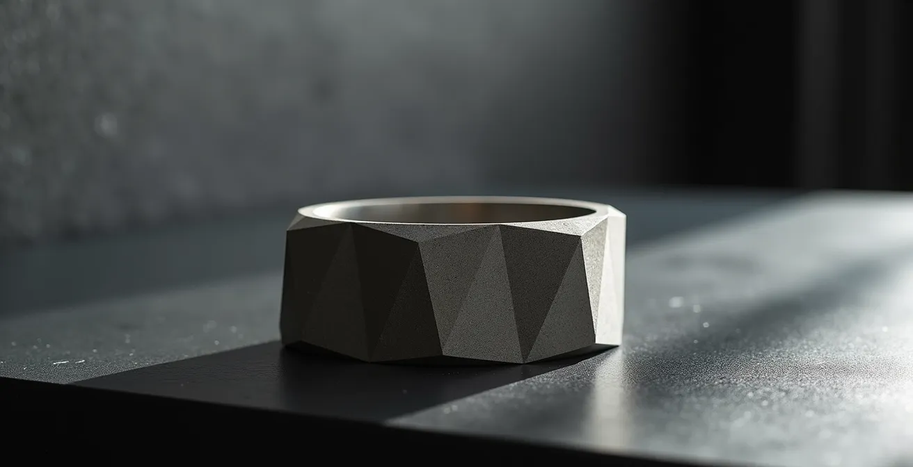 Makroaufnahme eines geometrischen Schmuckstücks aus Beton und Edelstahl