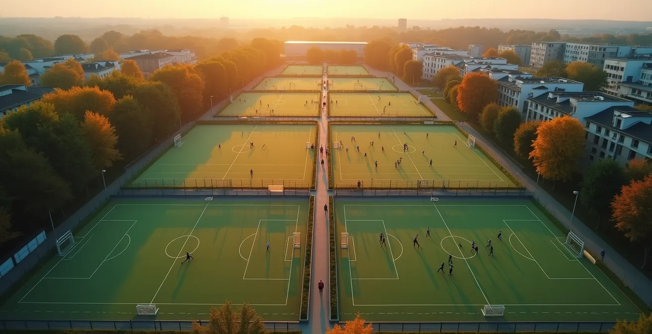 Verschiedene Sportarten und ihre charakteristischen Persönlichkeitsprofile in einer weiten Luftaufnahme eines deutschen Sportkomplexes.