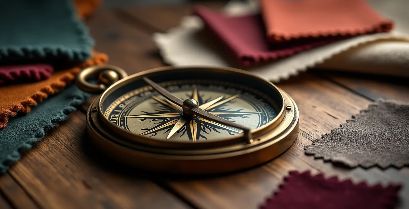 Symbolischer Kompass mit verschiedenen Stilelementen in jeder Himmelsrichtung